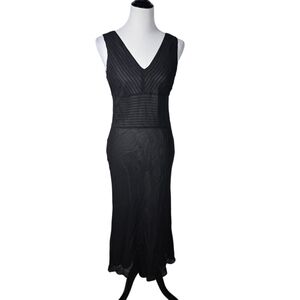 Laura Ashley Size 6 Vintage Elegant Black Silk Sleeveless V-Neck Midi Dress